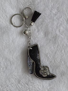 Black Rhinestone High Heel Shoe Keychain with Tassel Bling Bag Charm